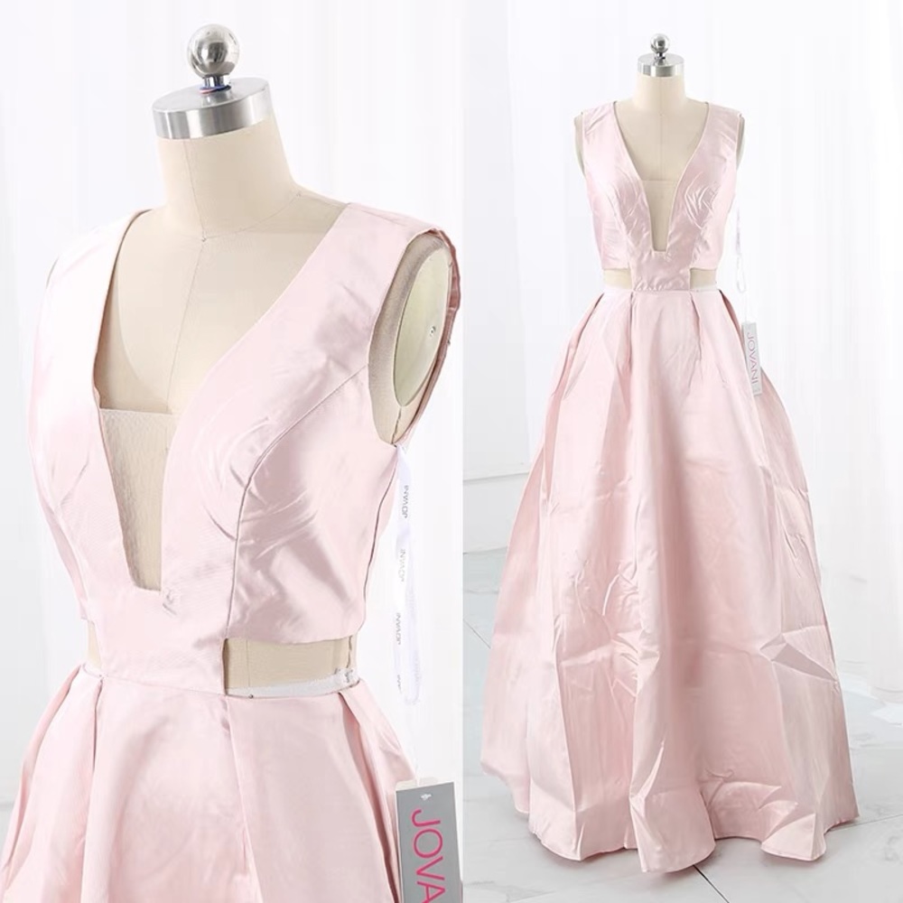 JOVANI pink simple, glossy satin A-line evening dress
